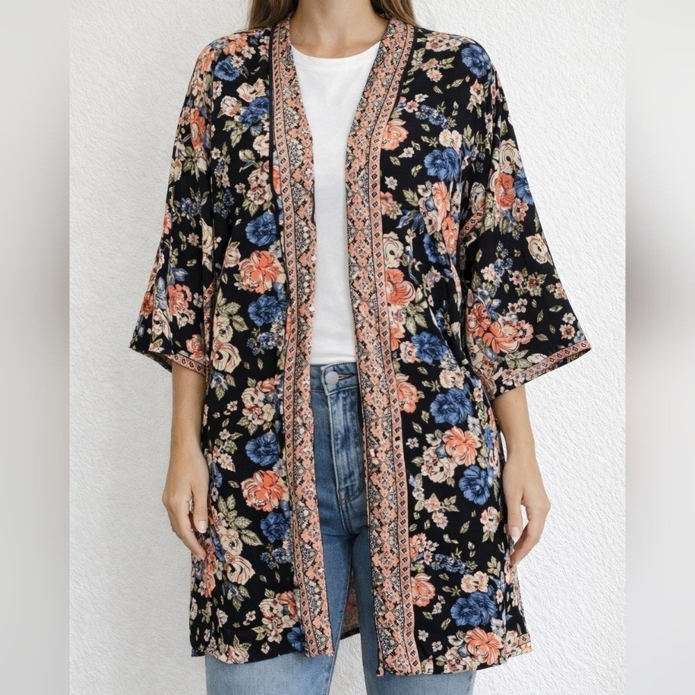 Romantic Gypsy Kimono Cardigan Womens 3X Black Floral Boho Crochet Lace Trim